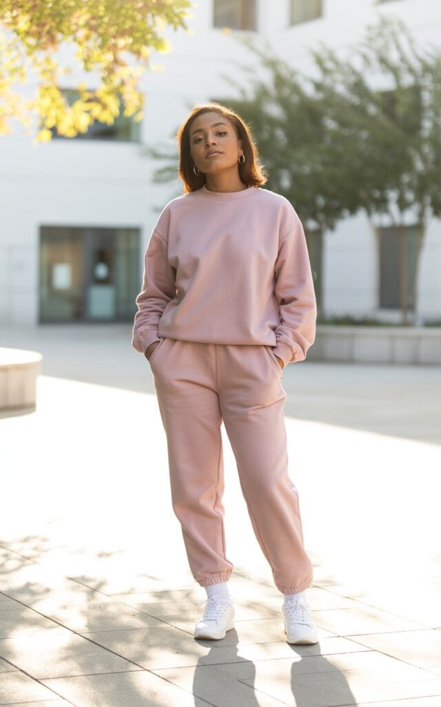 “A natural-looking young woman wearing a matching sweatshirt and jogger set with sneakers. Theme cute outfits for school”