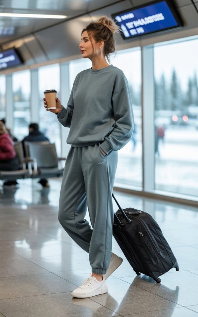 A natural-looking young woman wearing a matching sweatsuit with clean white sneakers. Theme airport outfit winter