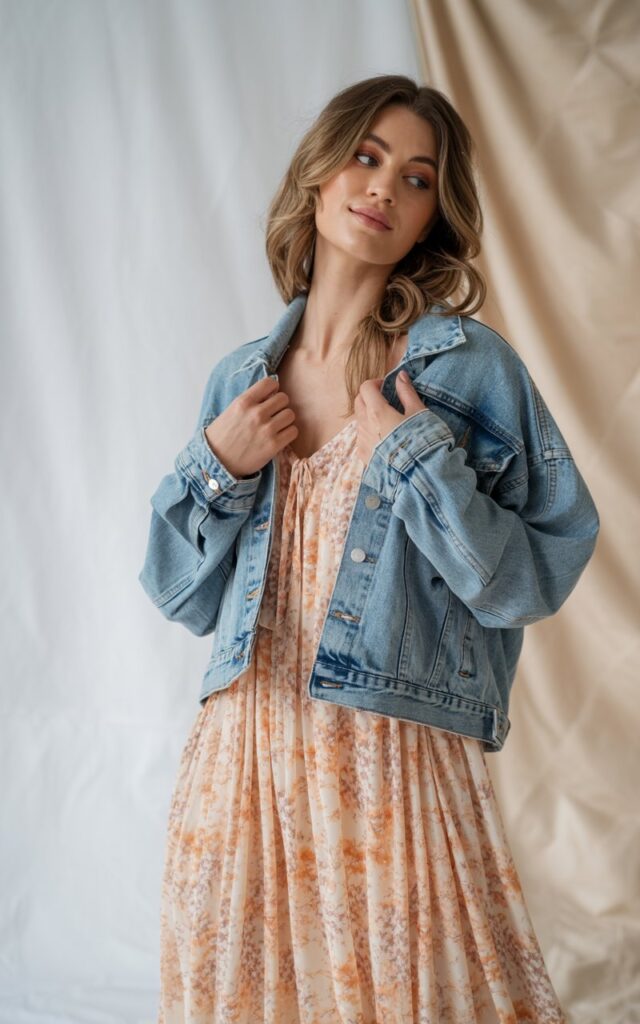 A natural-looking young woman wearing a maxi dress layered with a casual denim jacket. Theme lookbook outfits