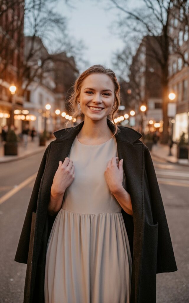 A natural-looking young woman wearing a midi dress layered under a long wool coat in neutral tones. Theme date night outfit winter