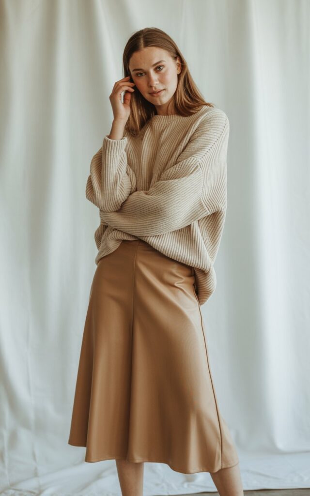 A natural-looking young woman wearing a midi skirt styled with a chunky sweater. Theme lookbook outfits