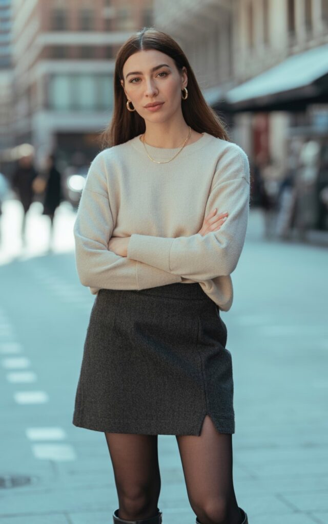 A natural-looking young woman wearing a mini skirt outfit accessorized with minimal gold jewelry. Theme mini skirt outfit winter