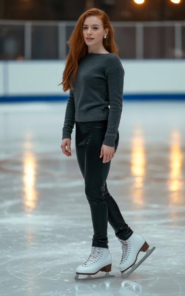 A natural-looking young woman wearing a minimal-accessory winter outfit styled with confidence. Theme ice skating outfit