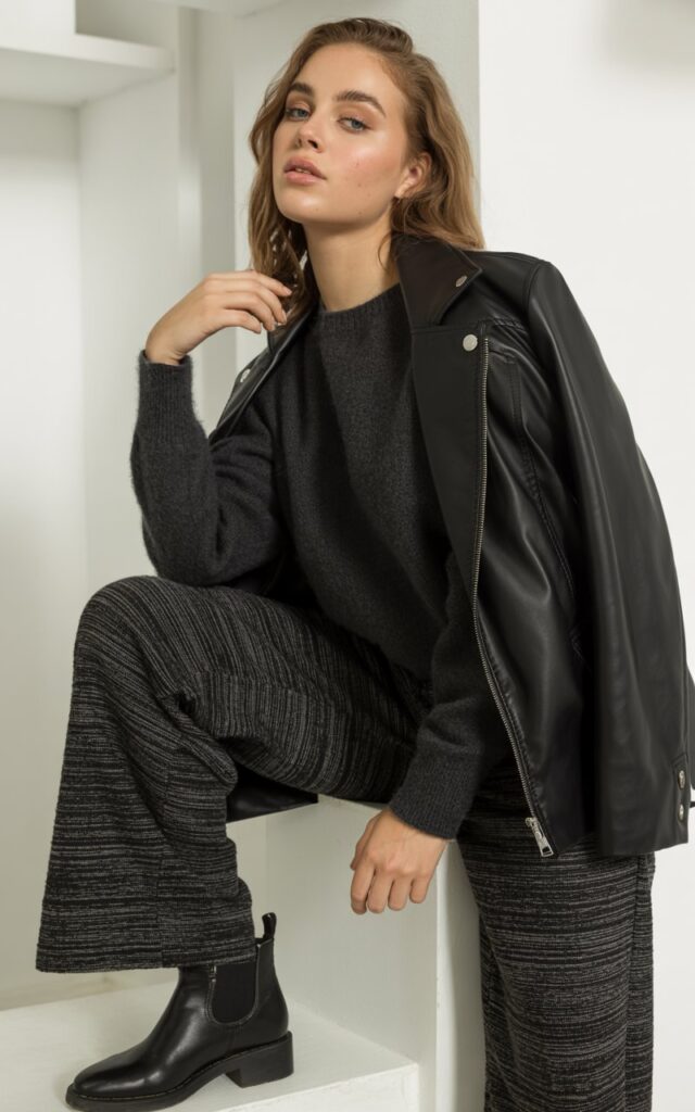 A natural-looking young woman wearing a monochrome all-black ensemble with mixed textures. Theme lookbook outfits