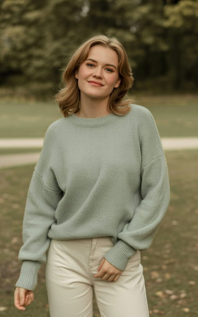 A natural-looking young woman wearing a monochrome outfit in soft pastel tones like blush or sage. Theme family photo outfits
