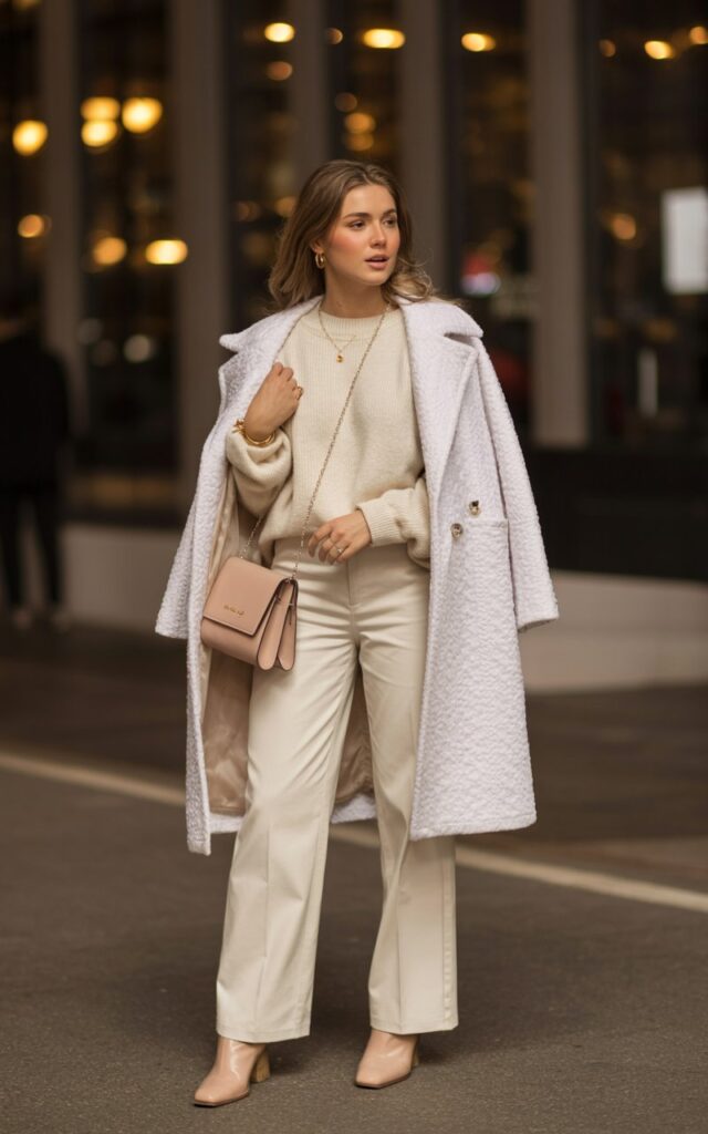 A natural-looking young woman wearing a monochrome winter white outfit with mixed textures and nude accessories. Theme: date night outfit winter
