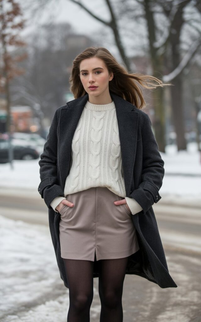 A natural-looking young woman wearing a neutral mini skirt styled with monochrome winter layers. Theme mini skirt outfit winter