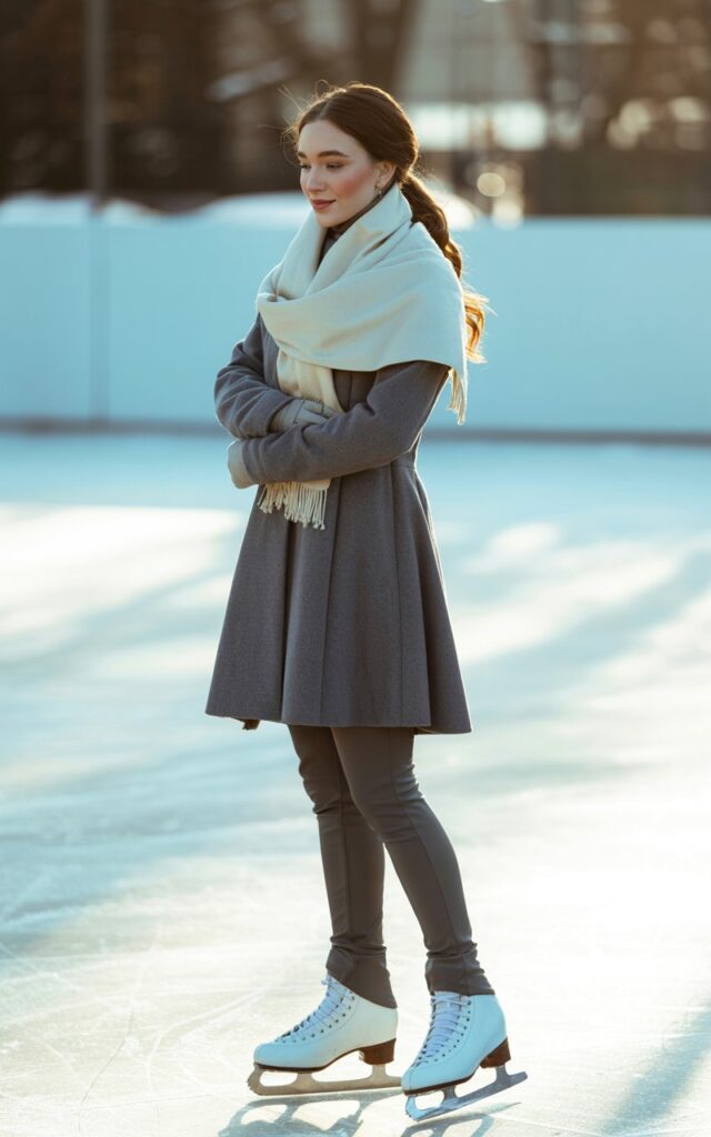 A natural-looking young woman wearing a neutral scarf wrapped around a fitted winter coat. Theme ice skating outfit