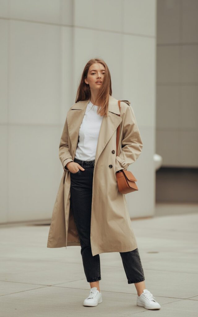 A natural-looking young woman wearing a neutral trench coat layered over a casual base outfit. Theme lookbook outfits
