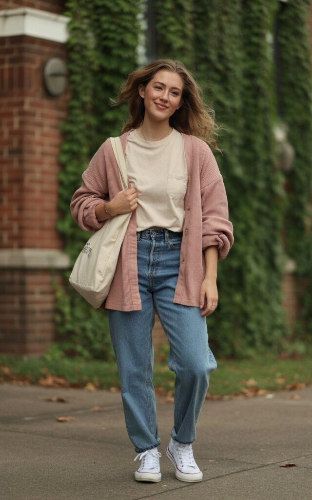 “A natural-looking young woman wearing a plain tee layered with a cardigan and sneakers. Theme cute outfits for school”