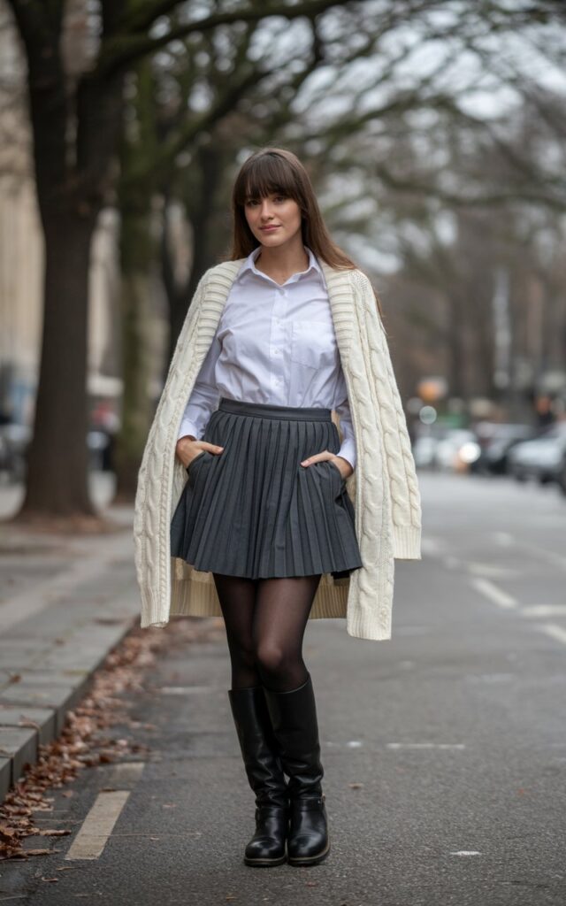 A natural-looking young woman wearing a pleated mini skirt paired with a classic button-down shirt. Theme mini skirt outfit winter