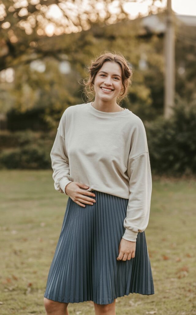 A natural-looking young woman wearing a pleated skirt combined with a tucked-in lightweight sweater. Theme family photo outfits