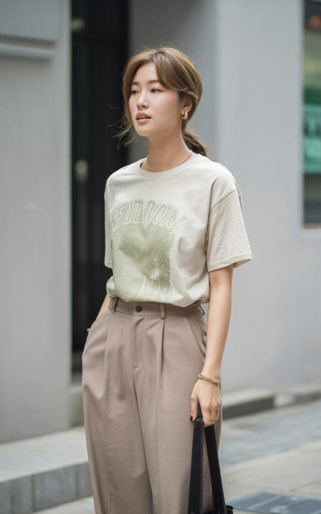 A natural-looking young woman wearing a relaxed graphic tee tucked into wide-leg pants with minimal jewelry. Theme korean casual outfits