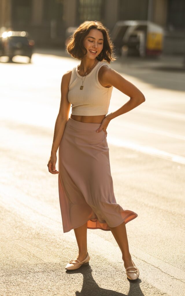 A natural-looking young woman wearing a ribbed crop top styled with a flowy midi skirt and flats. Theme crop top outfits