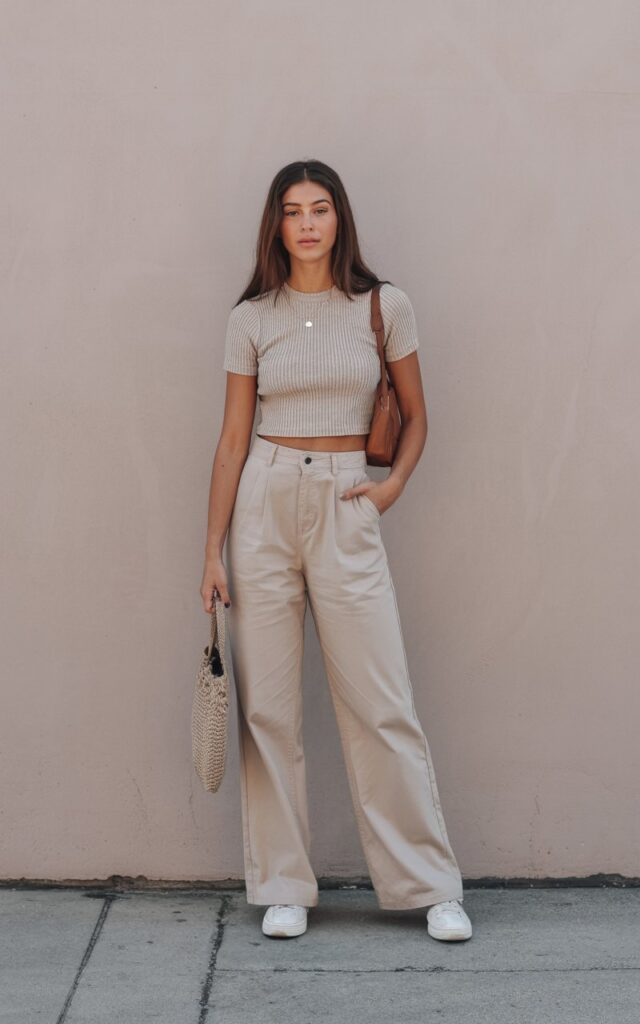 “A natural-looking young woman wearing a ribbed knit top with high-waisted wide-leg pants. Theme cute outfits for school”