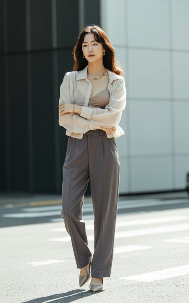 A natural-looking young woman wearing a sheer top layered over a bralette with tailored pants and minimal heels. Theme korean casual outfits