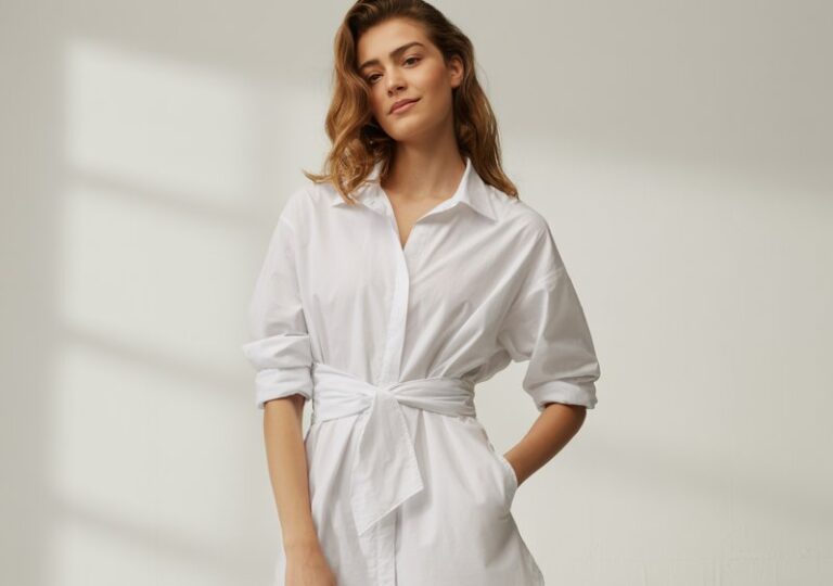 A natural-looking young woman wearing a shirt dress styled with statement flats. Theme lookbook outfits