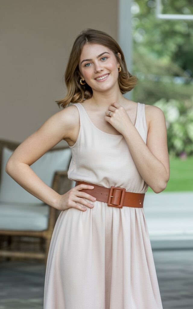 A natural-looking young woman wearing a simple dress elevated with a bold statement belt. Theme family photo outfits