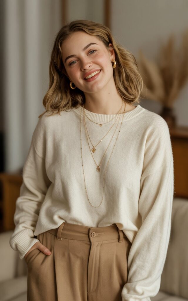 A natural-looking young woman wearing a simple elegant outfit accessorized with delicate layered necklaces and small hoop earrings. Theme family photo outfits