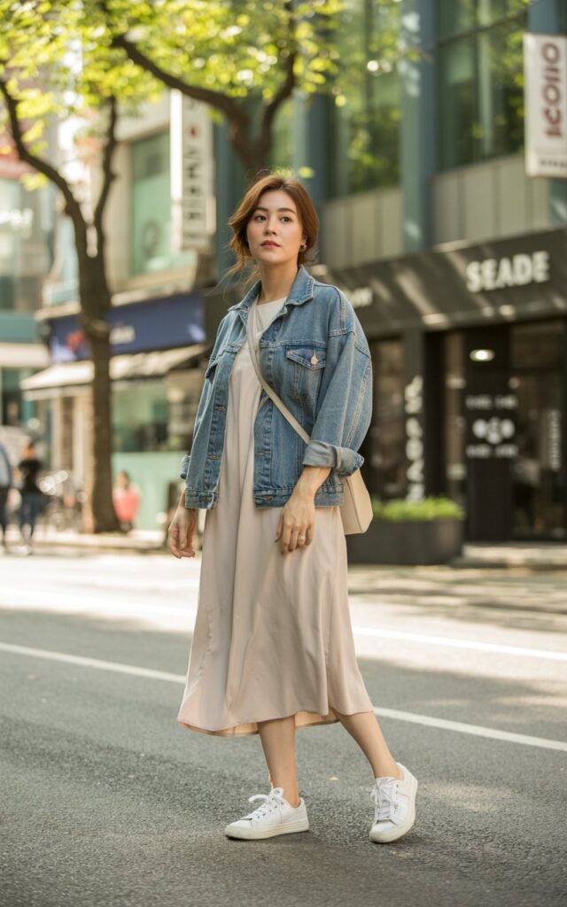 A natural-looking young woman wearing a simple midi dress layered with a slightly oversized denim jacket and casual sneakers. Theme korean casual outfits
