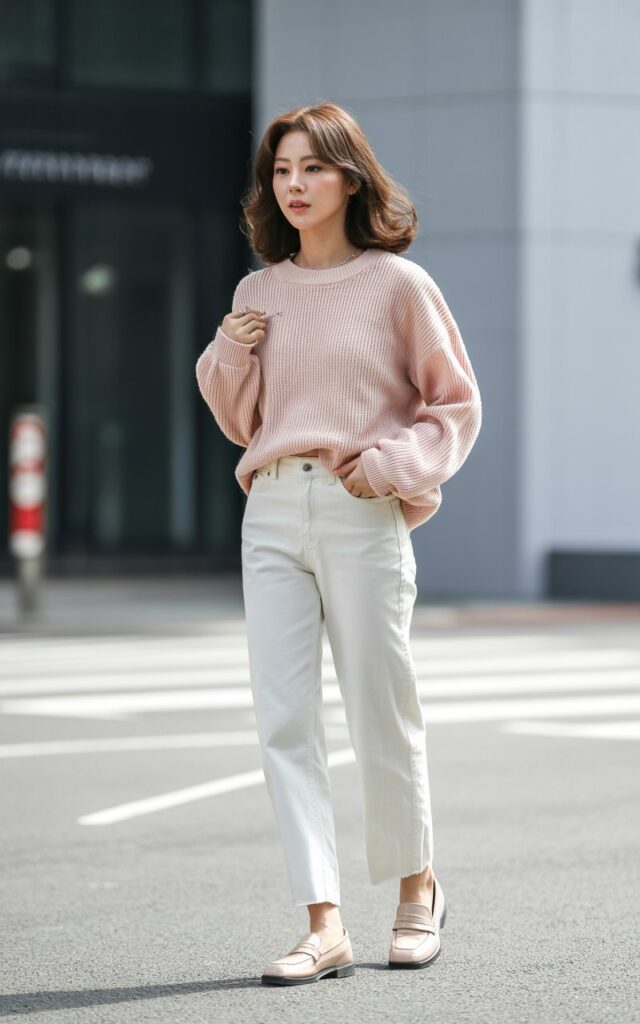 A natural-looking young woman wearing a soft pastel sweater paired with white denim and nude shoes. Theme korean casual outfits
