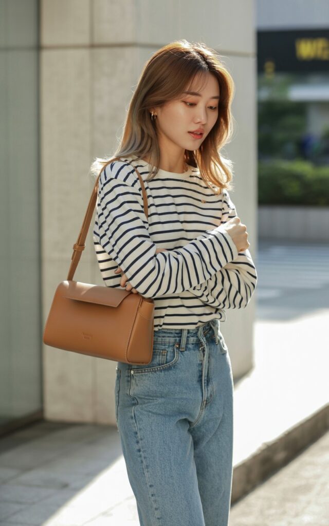 A natural-looking young woman wearing a striped long-sleeve top with relaxed jeans and a structured shoulder bag. Theme korean casual outfits