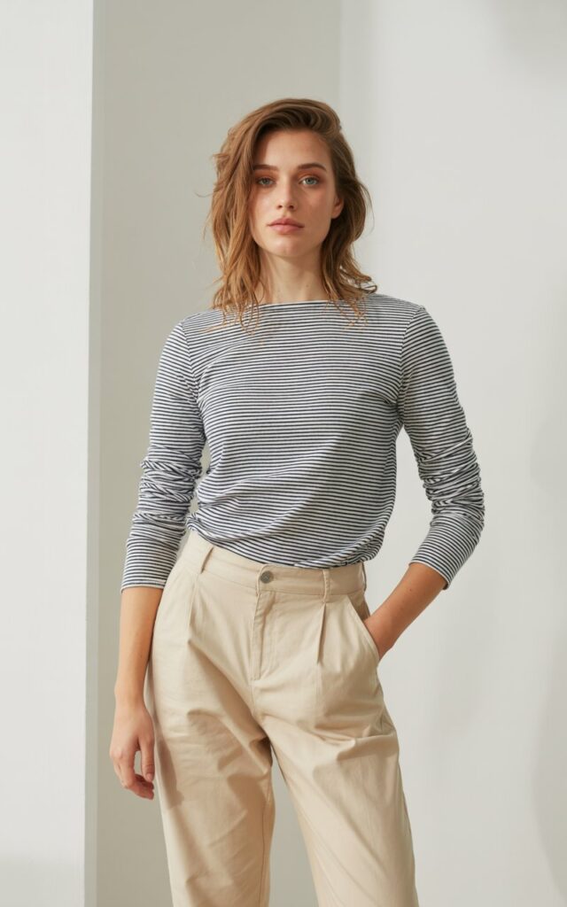 A natural-looking young woman wearing a striped top paired with neutral trousers. Theme lookbook outfits