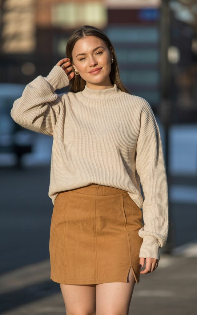 A natural-looking young woman wearing a suede mini skirt balanced with a ribbed mock-neck top. Theme mini skirt outfit winter