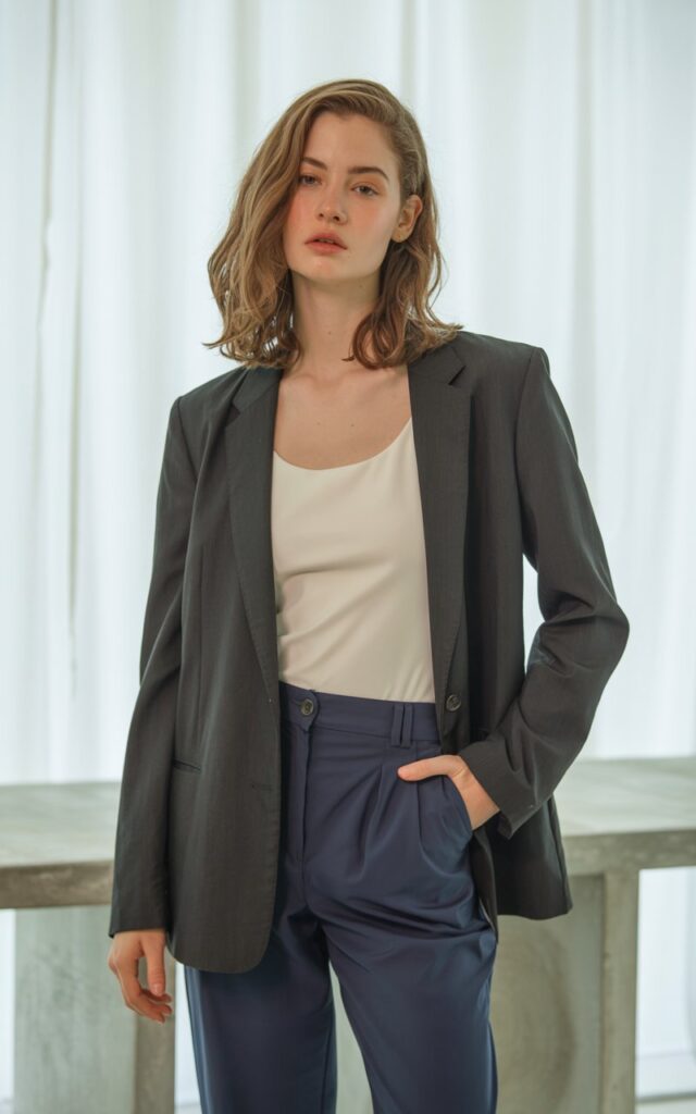 A natural-looking young woman wearing a tailored blazer layered over a simple tank and trousers. Theme lookbook outfits