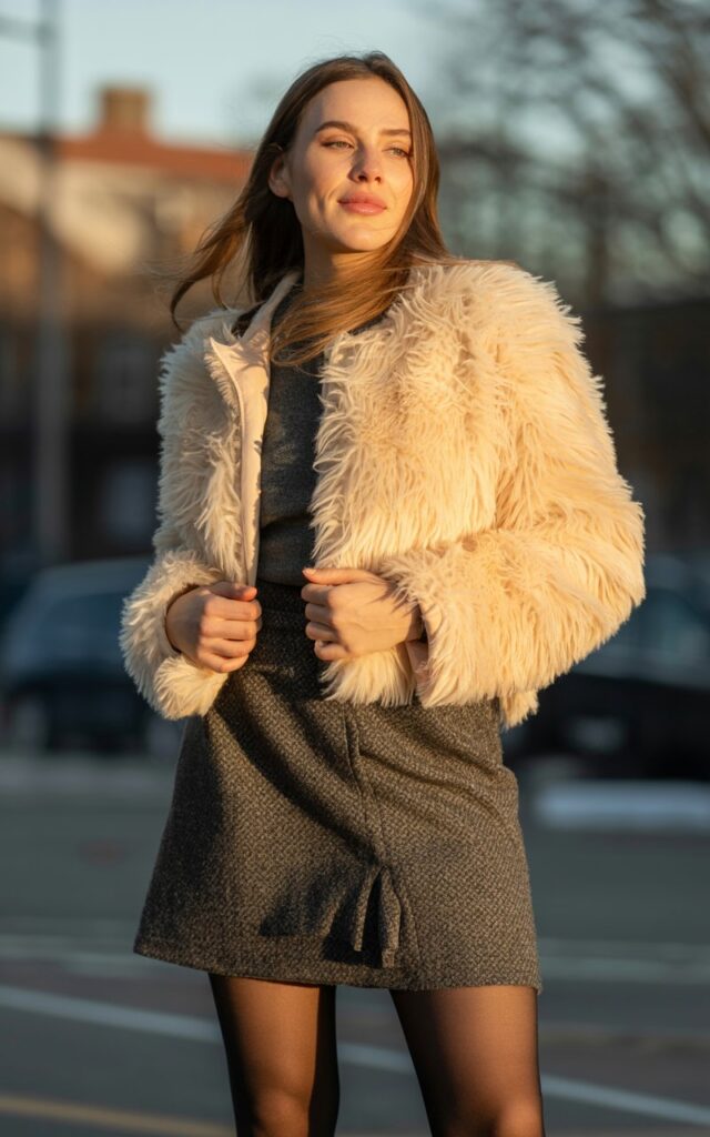 A natural-looking young woman wearing a textured mini skirt paired with a soft faux-fur jacket. Theme mini skirt outfit winter