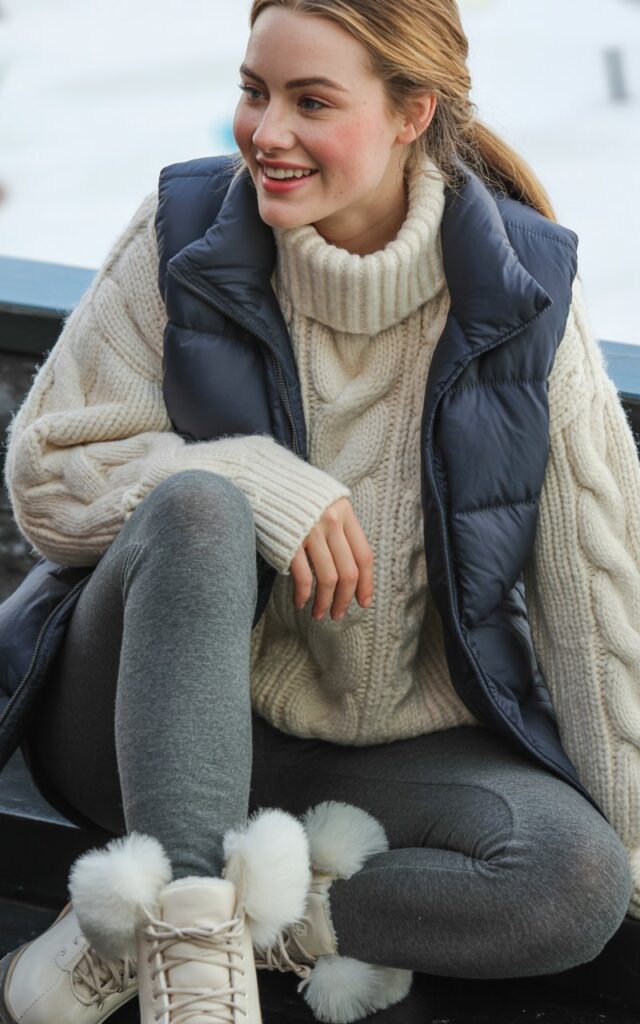 A natural-looking young woman wearing a textured winter outfit featuring knits, puffers, and fleece. Theme ice skating outfit