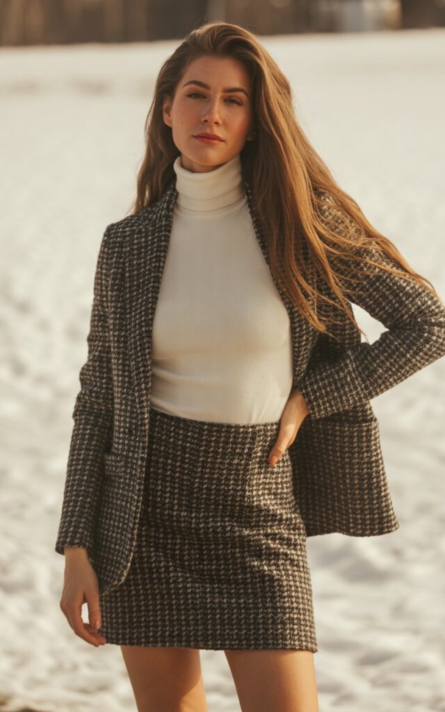 A natural-looking young woman wearing a tweed mini skirt styled with a fitted turtleneck in classic winter colors. Theme mini skirt outfit winter