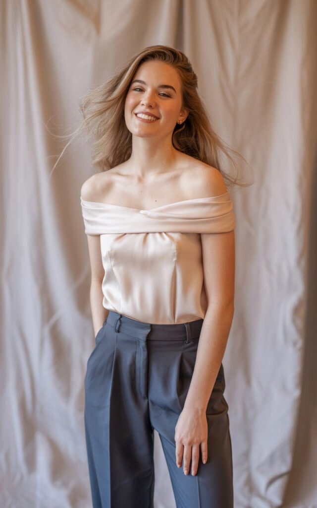 A natural-looking young woman wearing an off-the-shoulder top paired with tailored trousers. Theme family photo outfits