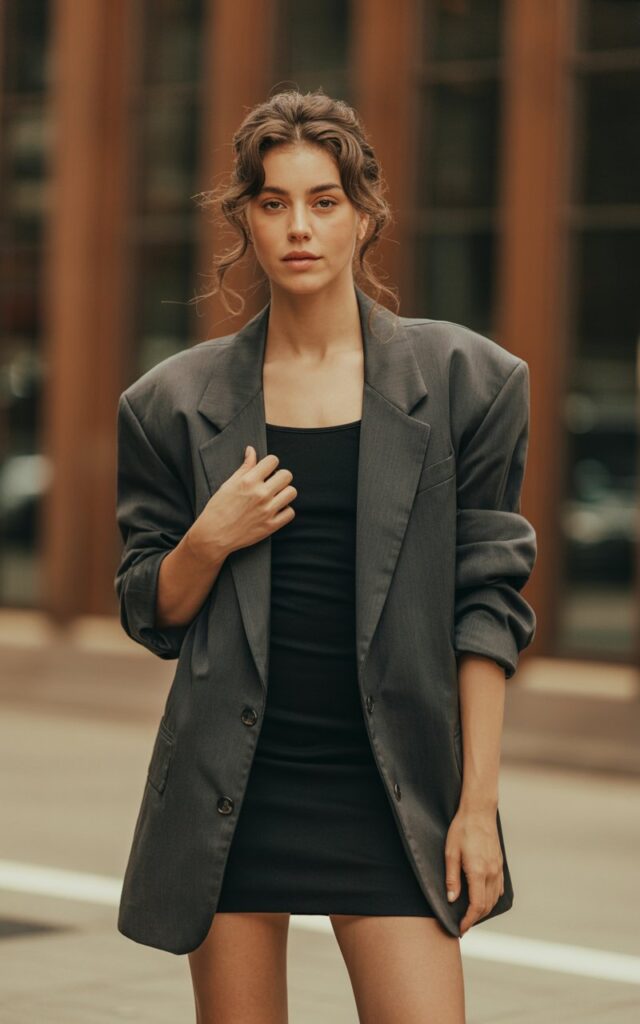A natural-looking young woman wearing an oversized blazer styled with a mini dress. Theme 90s outfits