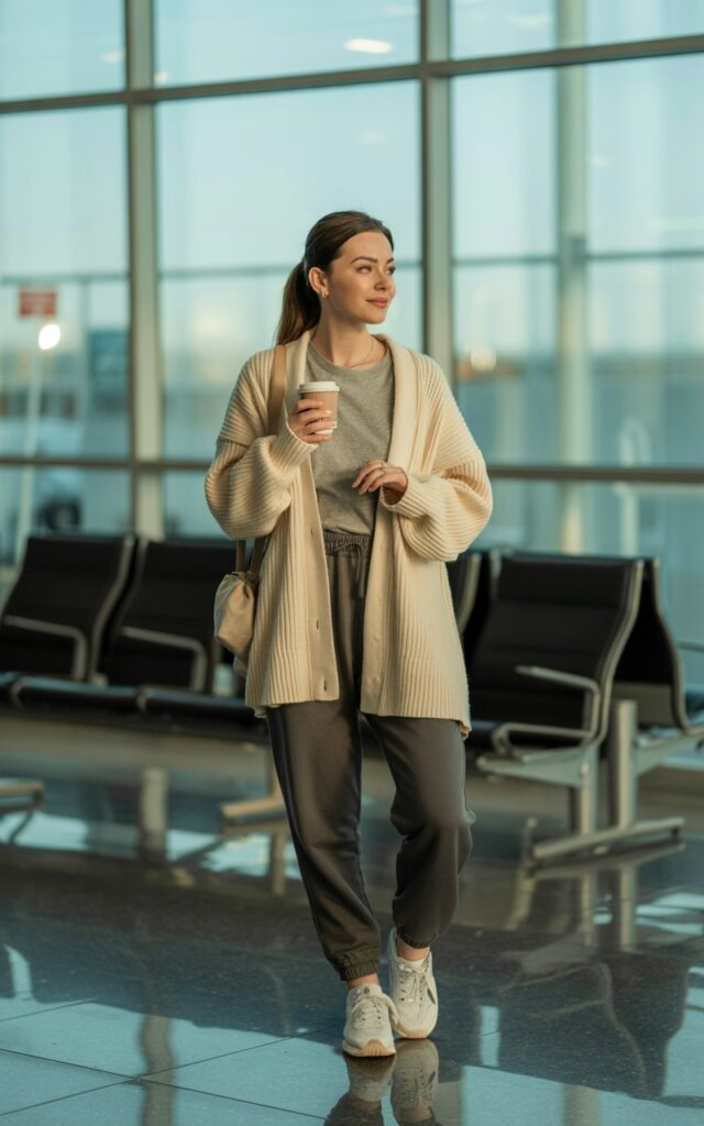 A natural-looking young woman wearing an oversized cardigan over a basic tee and joggers. Theme airport outfit winter