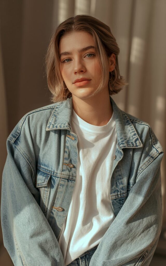 A natural-looking young woman wearing an oversized denim jacket layered over a simple white tee. Theme 90s outfits