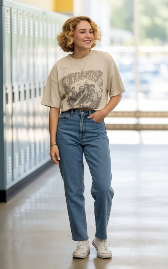 “A natural-looking young woman wearing an oversized graphic tee paired with straight-leg jeans and sneakers. Theme cute outfits for school”
