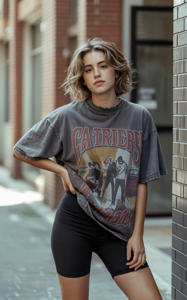A natural-looking young woman wearing an oversized graphic tee styled with biker shorts. Theme 90s outfits