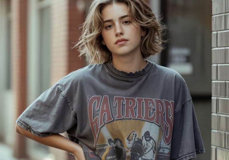A natural-looking young woman wearing an oversized graphic tee styled with biker shorts. Theme 90s outfits