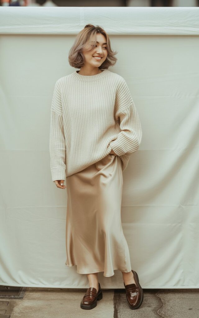 A natural-looking young woman wearing an oversized sweater styled with a satin slip skirt and simple loafers. Theme korean casual outfits