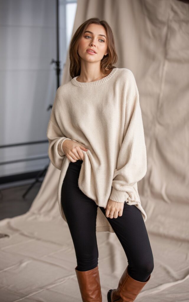 A natural-looking young woman wearing an oversized sweater styled with leggings and boots. Theme lookbook outfits