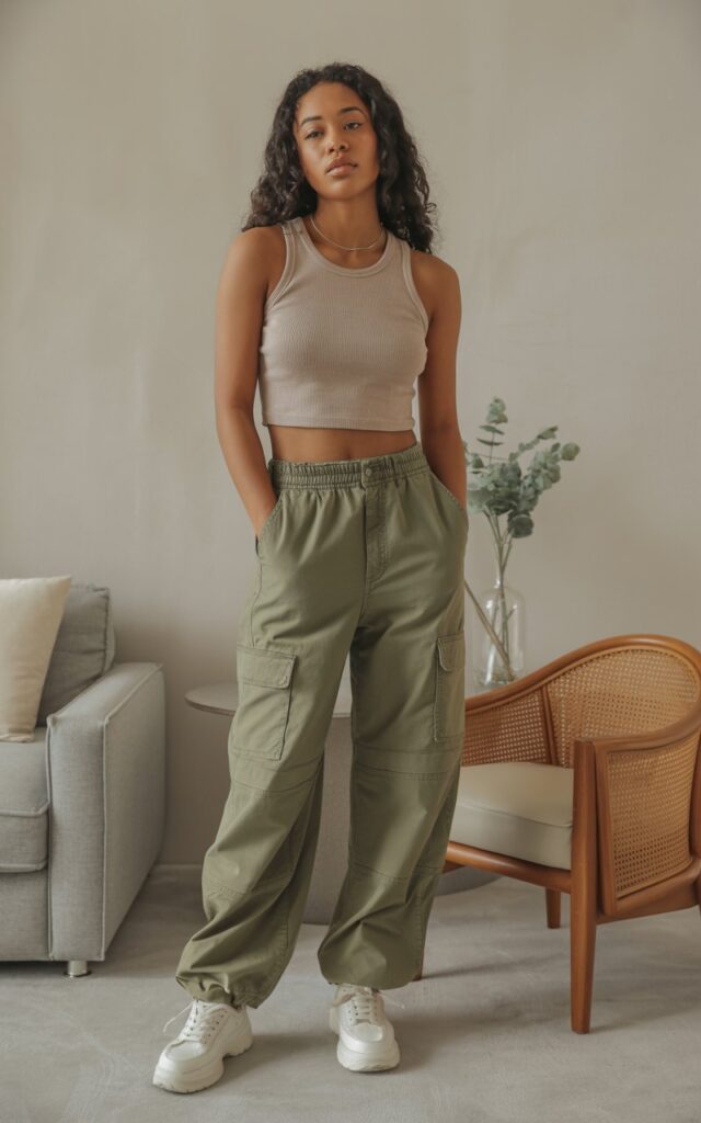 A natural-looking young woman wearing baggy cargo pants styled with a ribbed tank top. Theme 90s outfits