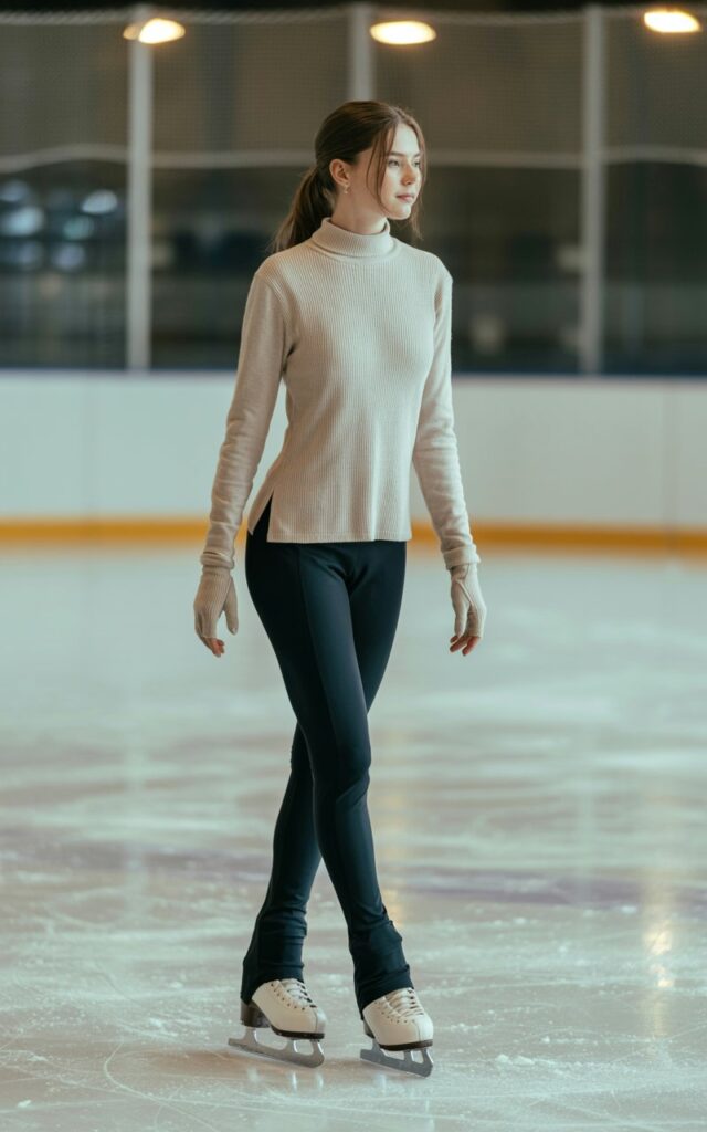 A natural-looking young woman wearing breathable winter fabrics suitable for indoor skating. Theme ice skating outfit