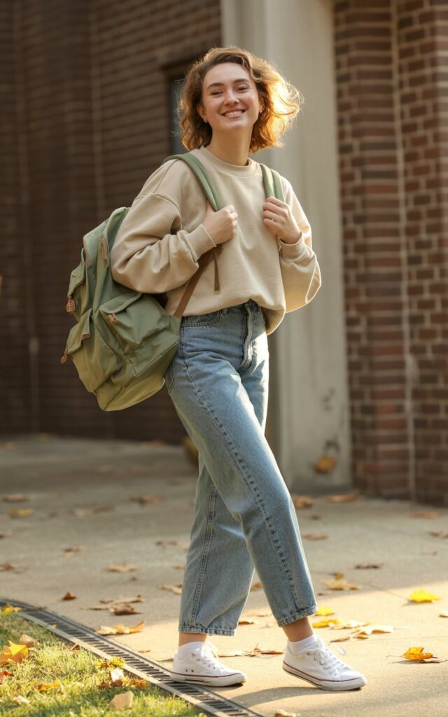 “A natural-looking young woman wearing comfortable sneakers styled with a casual outfit and a backpack. Theme cute outfits for school”