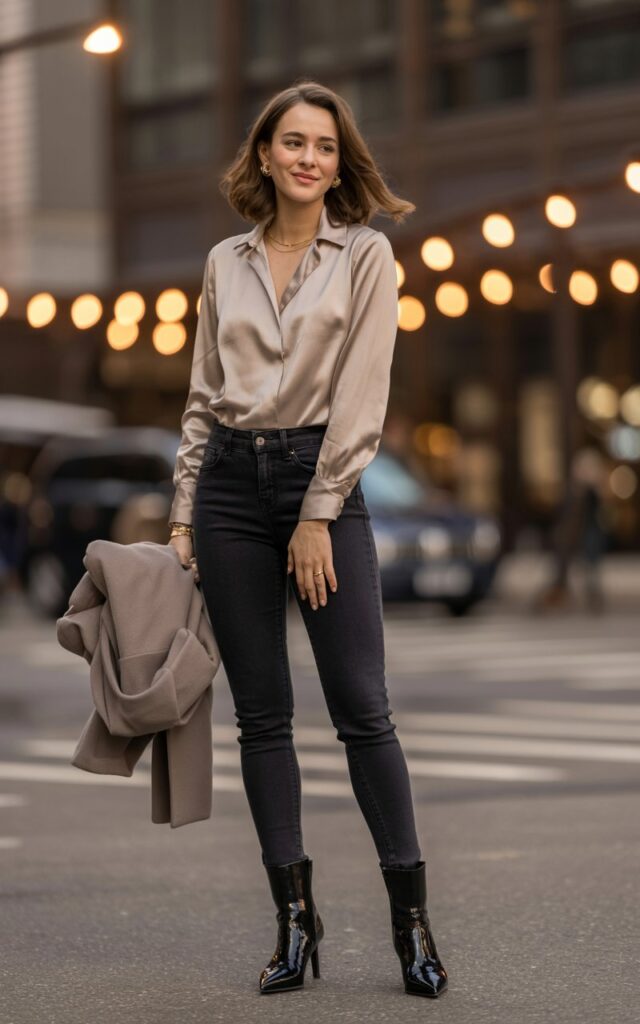 A natural-looking young woman wearing dark skinny jeans paired with a silk blouse and pointed-toe boots. Theme date night outfit winter