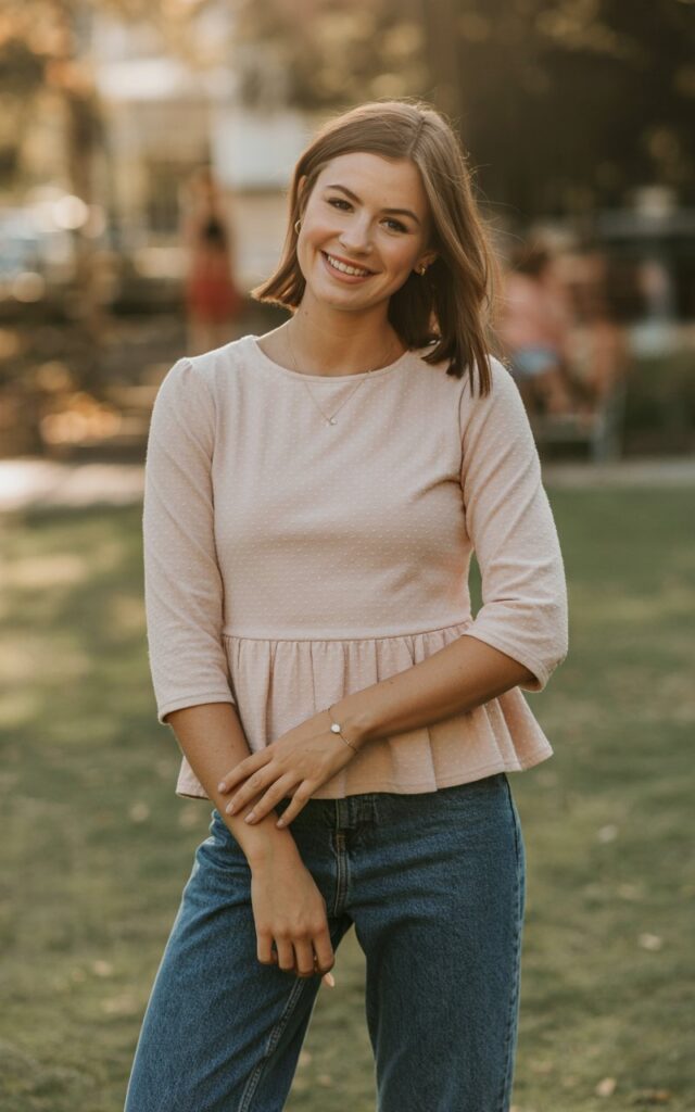 A natural-looking young woman wearing dark-wash denim paired with a feminine peplum top. Theme family photo outfits