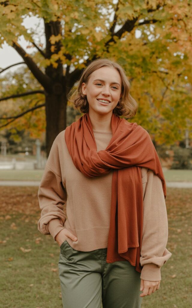 A natural-looking young woman wearing earth-tone pieces in shades like rust, olive, or camel for an outdoor fall look. Theme family photo outfits