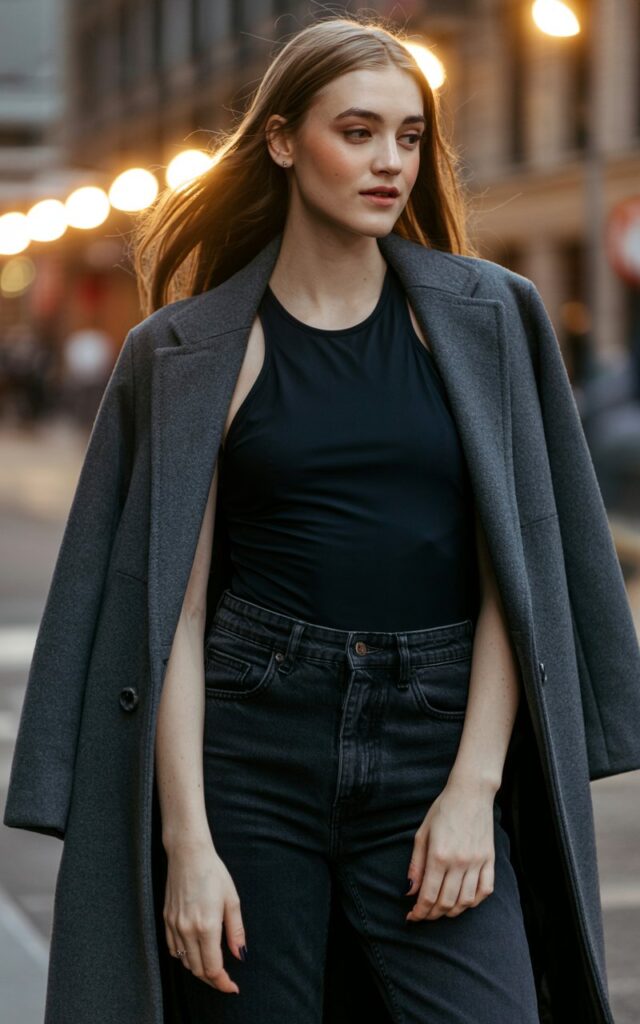 A natural-looking young woman wearing high-waisted jeans styled with a fitted bodysuit and a tailored coat. Theme date night outfit winter