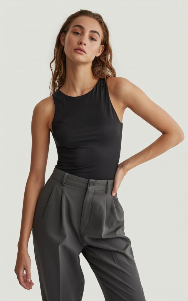 A natural-looking young woman wearing high-waisted trousers paired with a fitted bodysuit. Theme lookbook outfits