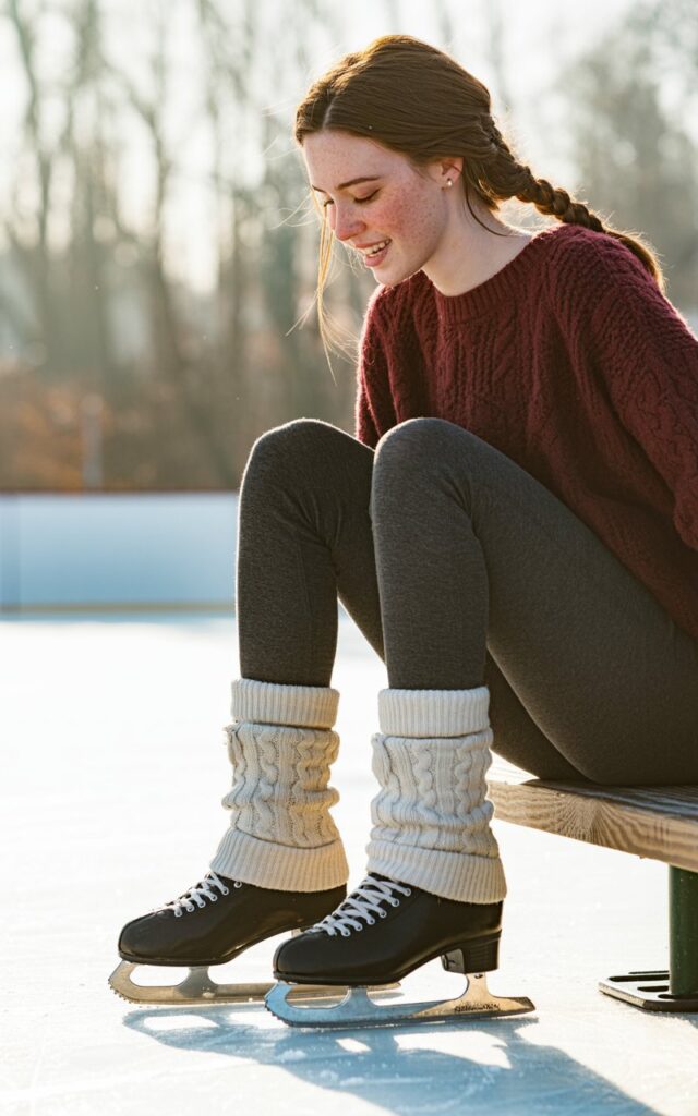 A natural-looking young woman wearing insulated socks peeking out above ice skates. Theme ice skating outfit